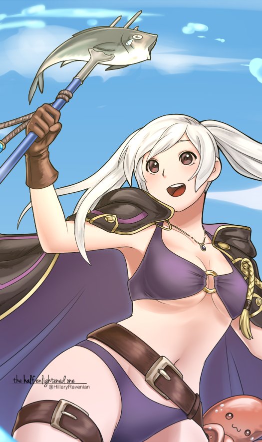 1girl artist_name belt bikini blue_sky breasts brown_eyes brown_gloves cleavage clouds day female_my_unit_(fire_emblem:_kakusei) fire_emblem fire_emblem:_kakusei fire_emblem_heroes fish gloves hillaryravenian holding_polearm my_unit_(fire_emblem:_kakusei) nintendo o-ring o-ring_bikini octopus open_mouth polearm sky solo swimsuit thigh_strap twintails twitter_username weapon white_hair