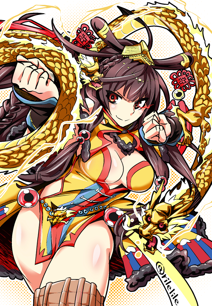 1girl big_hair braid breasts brown_hair china_dress chinese_clothes cleavage clenched_hands commentary_request dragon dress eastern_dragon fighting_stance floating_hair forbidden_city_(oshiro_project) hair_ornament large_breasts long_hair momohara_rile oshiro_project oshiro_project_re red_eyes side_braid solo standing twin_braids twitter_username very_long_hair white_background
