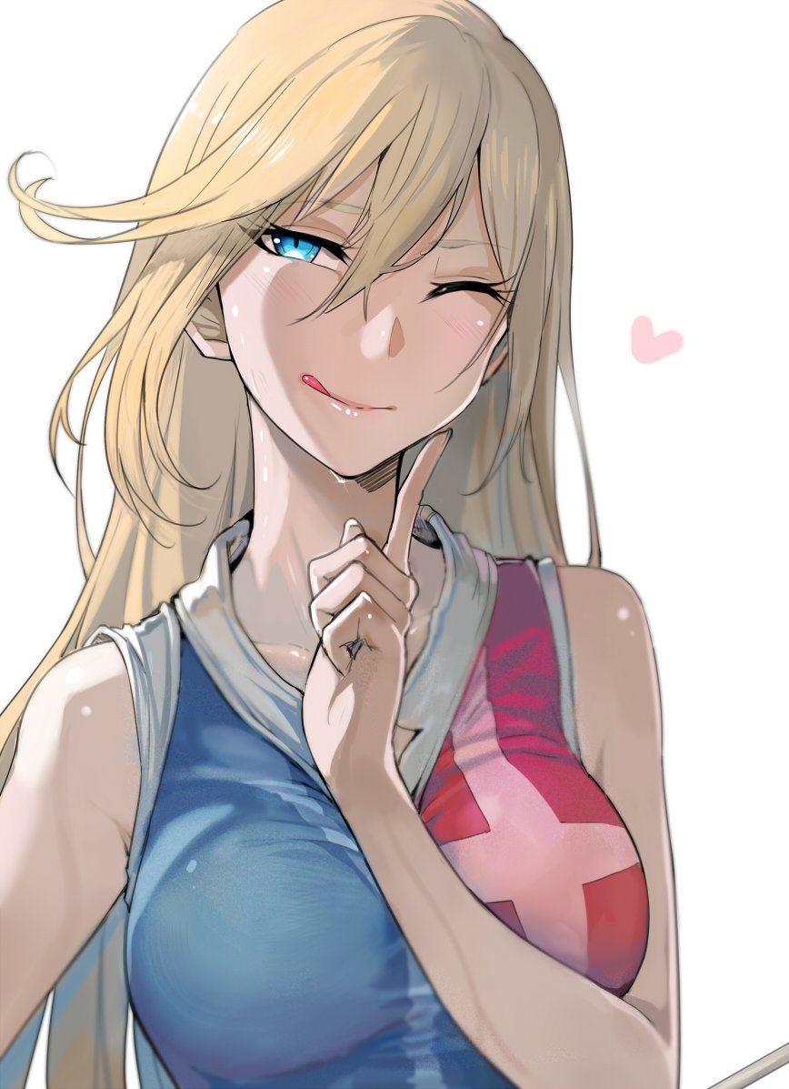 :q bangs bare_shoulders blonde_hair blue_eyes blush breasts character_request closed_mouth collarbone eyebrows_visible_through_hair flying_heart hair_between_eyes half-closed_eye hanebado! head_tilt index_finger_raised large_breasts long_hair multicolored_shirt one_eye_closed shirt sidelocks simple_background sleeveless sleeveless_shirt smile sweat taut_clothes taut_shirt tongue tongue_out upper_body very_long_hair walzrj white_background