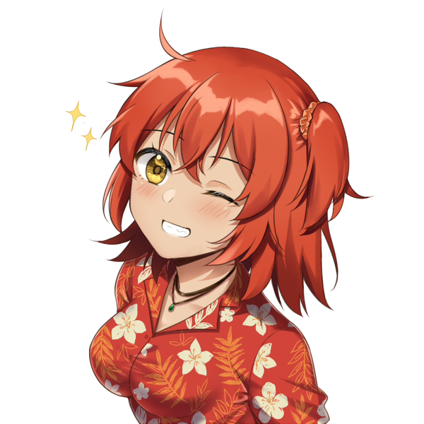 1girl ;d breasts eyebrows_visible_through_hair fate/grand_order fate_(series) floral_print fujimaru_ritsuka_(female) grin hair_between_eyes hair_ornament hair_scrunchie hawaiian_shirt looking_at_viewer medium_breasts one_eye_closed open_mouth orange_hair orange_scrunchie print_shirt red_shirt scrunchie shiny shiny_hair shirt short_hair side_ponytail simple_background smile solo sparkle tan upper_body white_background yellow_eyes zhi_(yammycheese)