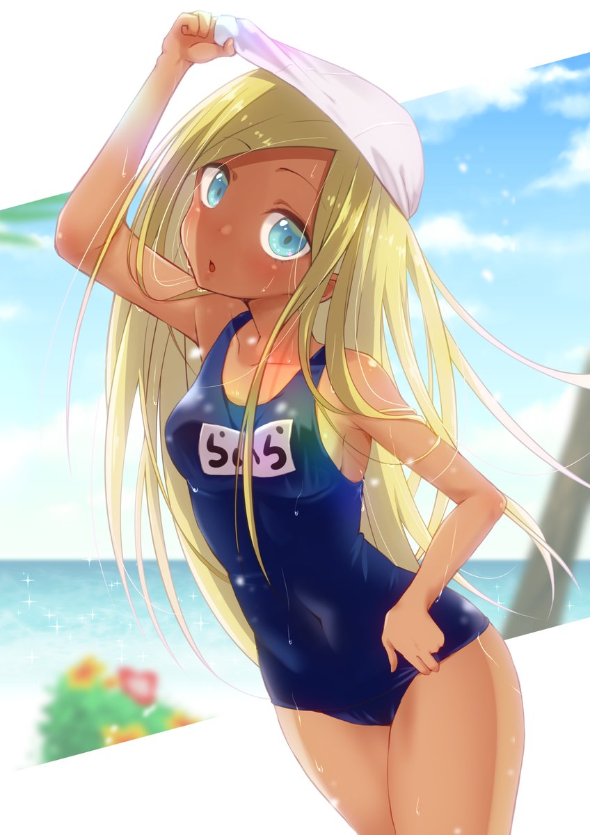 1girl :o adjusting_clothes adjusting_swimsuit arm_up bare_arms bare_shoulders blonde_hair blue_eyes blue_sky blue_swimsuit breasts clouds collarbone covered_navel dark_skin day eyebrows_visible_through_hair highres idolmaster idolmaster_cinderella_girls layla_(idolmaster) long_hair looking_at_viewer medium_breasts name_tag one-piece_swimsuit open_mouth sarujie_(broken_monky) school_swimsuit sky solo straight_hair swim_cap swimsuit thighs water wet