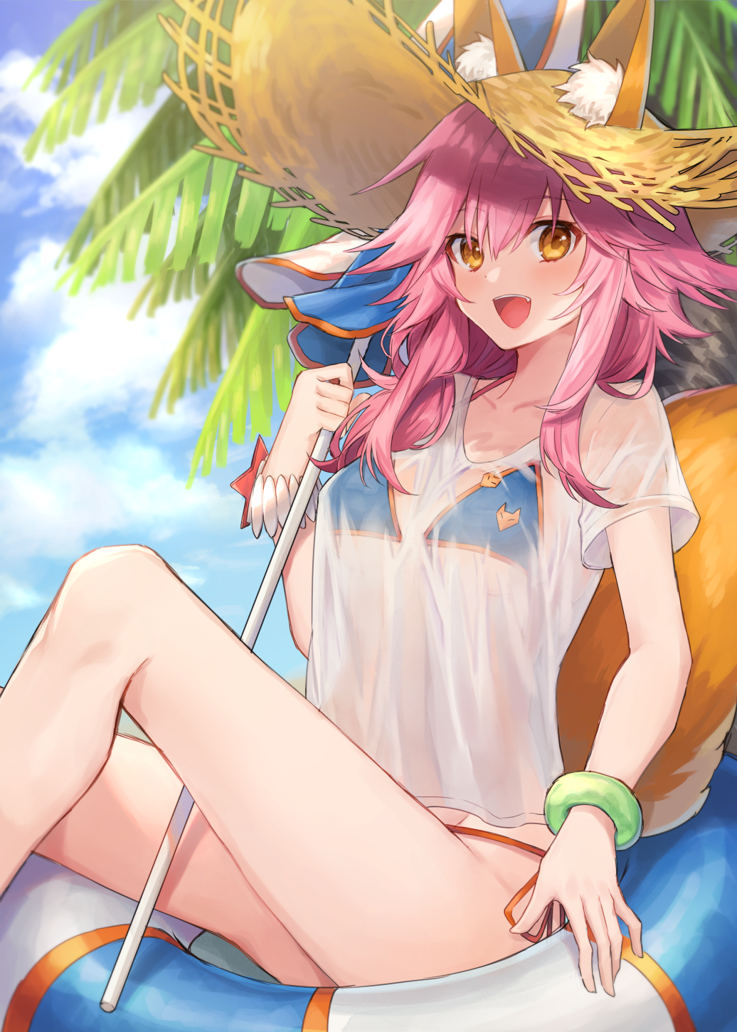 .com_(cu_105) 1girl :d animal_ears bangs beach_umbrella bikini bikini_under_clothes blue_bikini blue_sky blush breasts brown_eyes clouds cloudy_sky collarbone commentary_request day ears_through_headwear eyebrows_visible_through_hair fate/grand_order fate_(series) fox_ears fox_girl fox_tail hair_between_eyes hat highres innertube long_hair looking_at_viewer medium_breasts open_mouth outdoors palm_tree pink_hair see-through shirt short_sleeves side-tie_bikini sitting sky smile solo straw_hat swimsuit tail tail_raised tamamo_(fate)_(all) tamamo_no_mae_(swimsuit_lancer)_(fate) tree umbrella