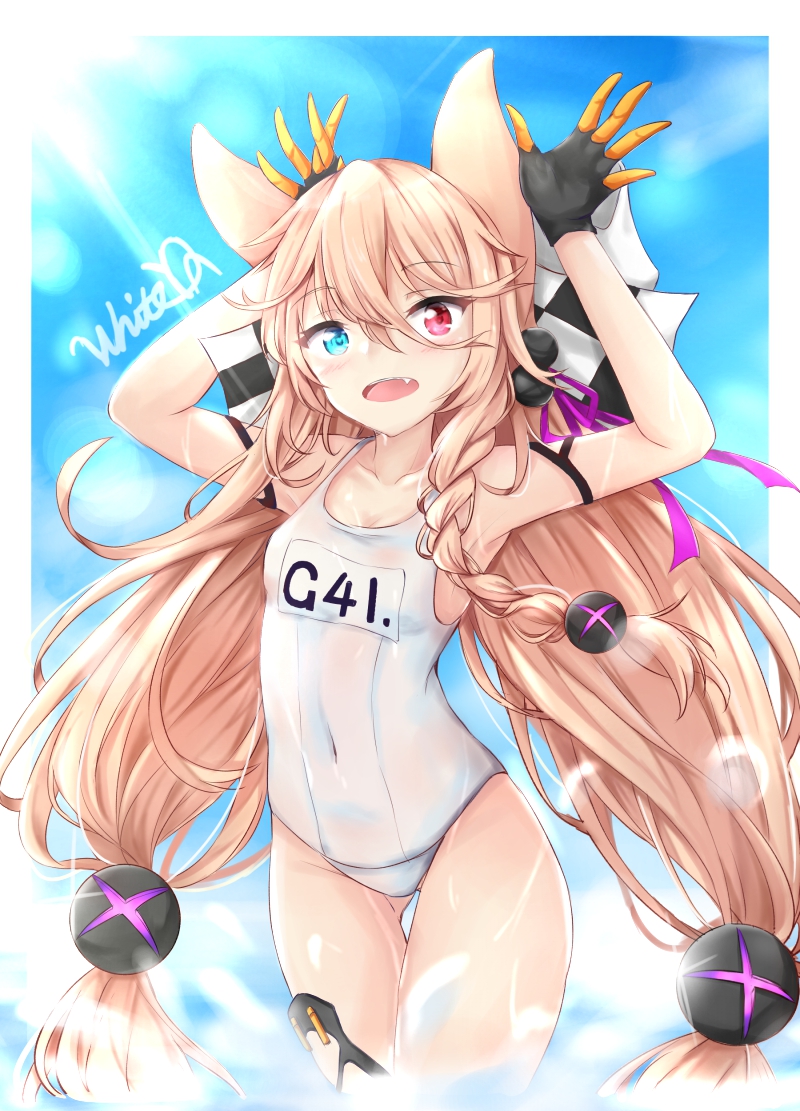 1girl :d arms_up bangs black_gloves blonde_hair blue_eyes blue_sky blush breasts character_name clouds commentary_request day eyebrows_visible_through_hair fang g41_(girls_frontline) girls_frontline gloves hair_between_eyes hakuya_(white_night) heterochromia long_hair looking_at_viewer low-tied_long_hair name_tag old_school_swimsuit open_mouth outdoors red_eyes school_swimsuit signature sky small_breasts smile solo standing swimsuit twintails wading water white_school_swimsuit white_swimsuit