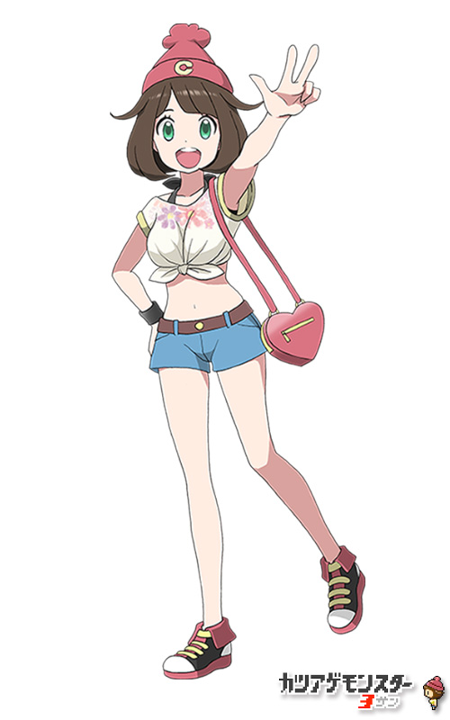 1girl adapted_costume alternate_breast_size alternate_eye_color arm_up bag beanie brown_hair copyright_name creatures_(company) game_freak green_eyes hair_flaps halterneck hand_on_hip handbag hat heart looking_at_viewer midriff mizuki_(pokemon) navel nintendo open_mouth pokemon pokemon_(game) pokemon_sm pose racora_(tamomo0263) red_hat shirt shoes short_hair simple_background smile sneakers solo standing standing_on_one_leg tied_shirt white_background z-ring