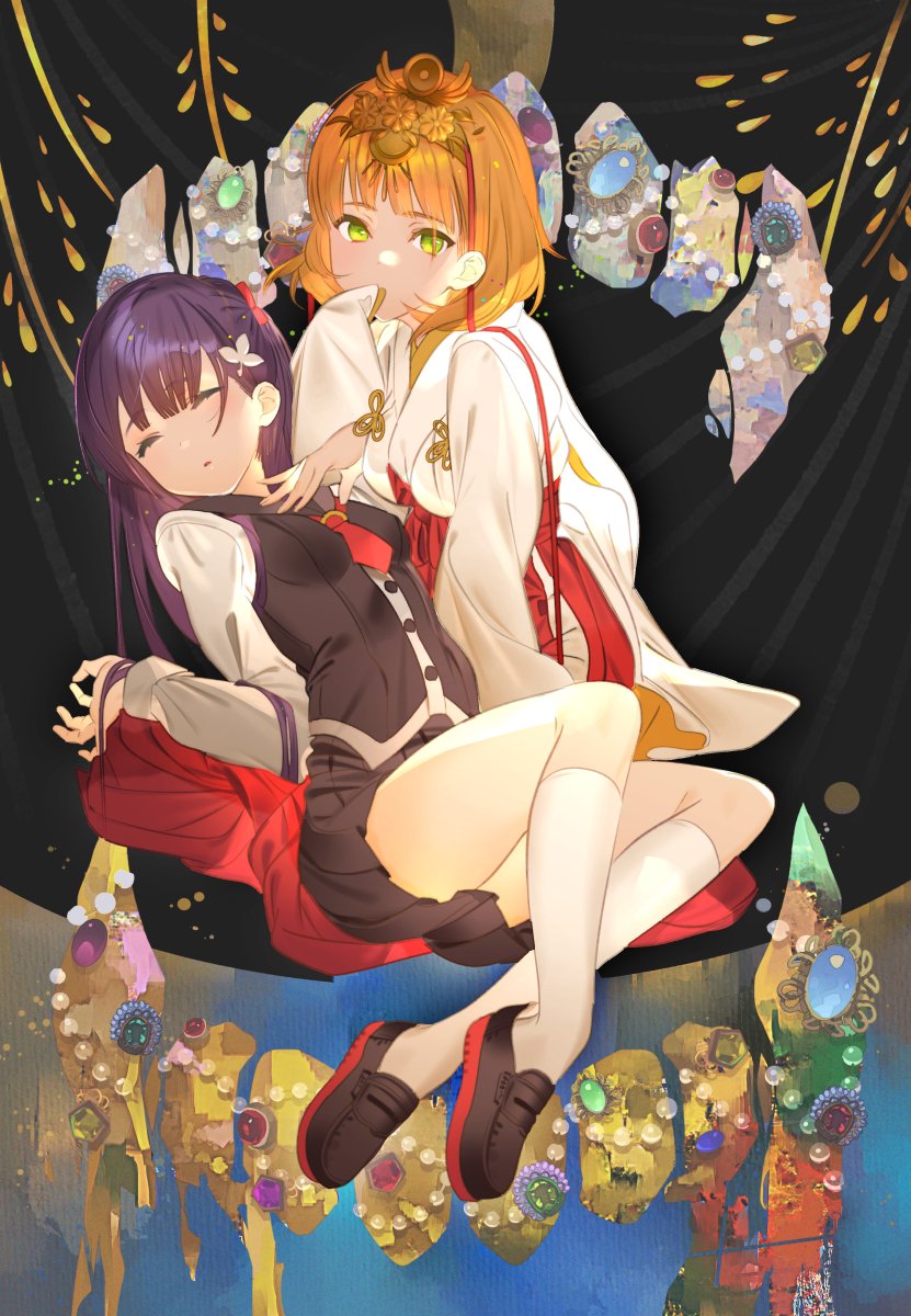 2girls bangs breasts brown_footwear brown_skirt brown_vest closed_mouth commentary_request green_eyes hair_ornament hairband hakama highres japanese_clothes koyoi_mitsuki loafers long_hair long_sleeves looking_at_viewer miko multiple_girls necktie orange_hair original parted_lips pleated_skirt purple_hair red_hakama red_neckwear shoes short_hair sitting skirt small_breasts socks vest white_legwear wide_sleeves