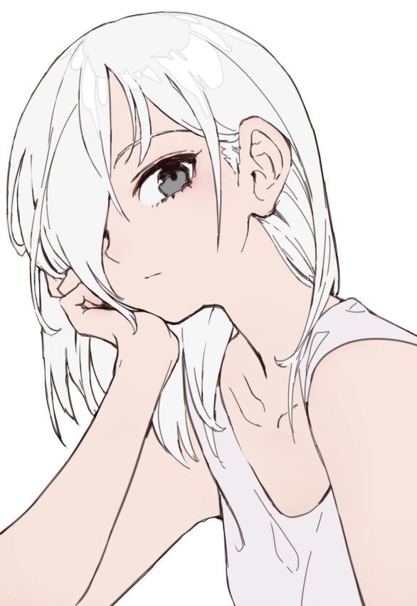 1girl bare_shoulders closed_mouth commentary dress english_commentary grey_eyes hair_over_one_eye looking_at_viewer oopartz_yang original simple_background solo uma_(oopartz_yang) upper_body white_background white_dress white_hair