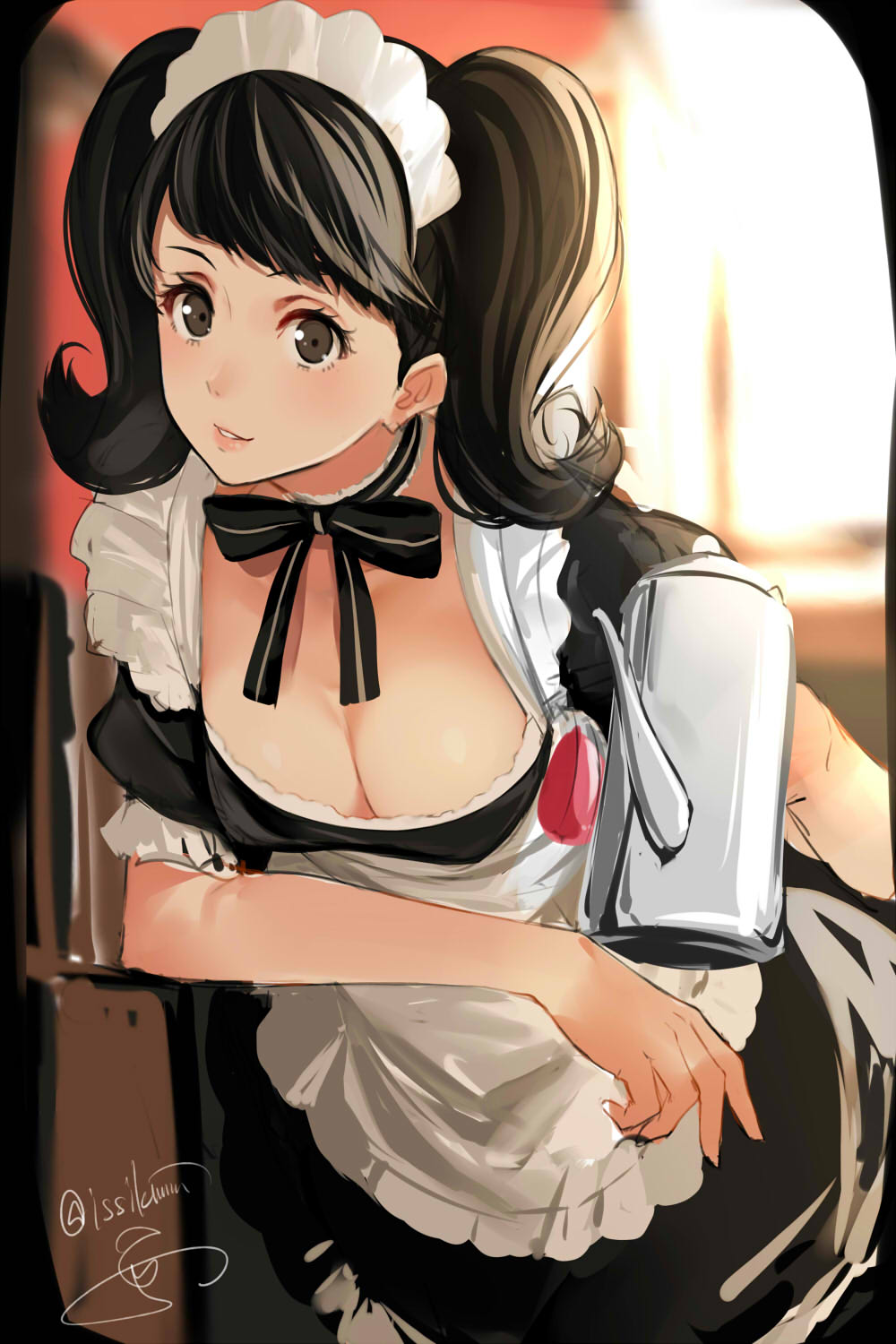 1girl apron arm_support black_bow black_hair blush bow breasts brown_eyes cleavage coffee_pot dress eyelashes frills highres isshiki_(ffmania7) kawakami_sadayo lips maid_headdress medium_breasts persona persona_5 short_sleeves signature smile solo twitter_username