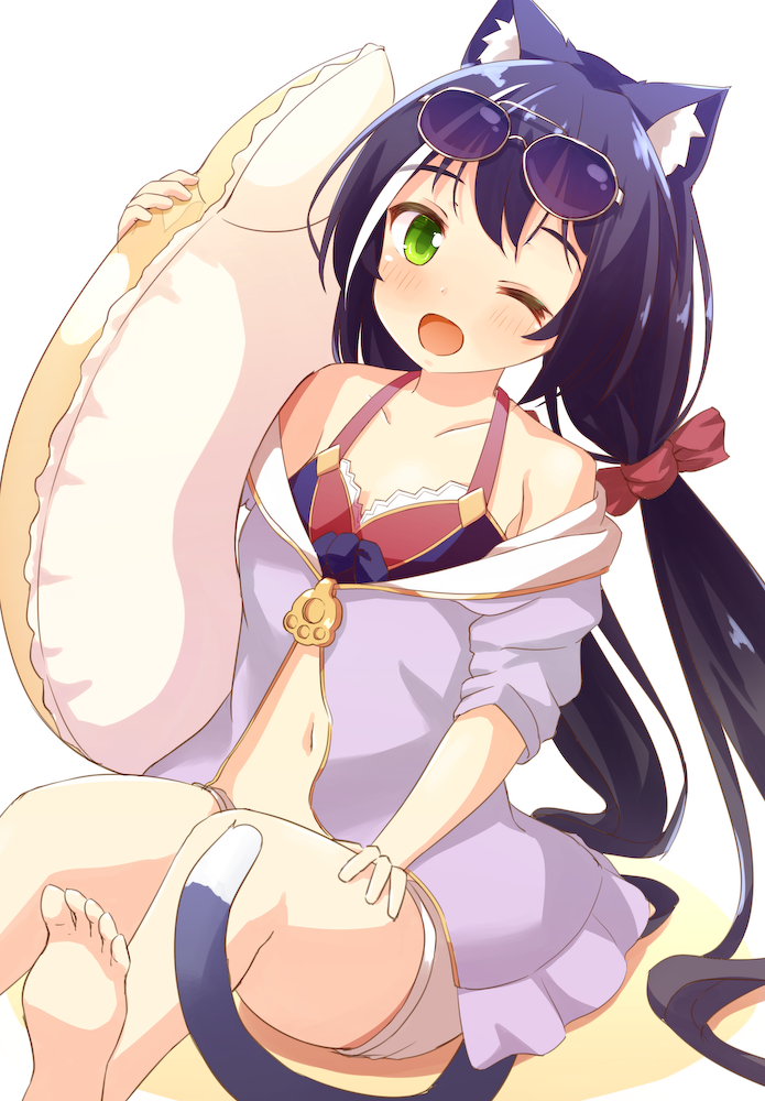 1girl ;d animal_ears arm_up bangs bare_shoulders barefoot bikini_top black_hair blue_bikini_top blush bow cat_ears cat_tail collarbone commentary_request eyewear_on_head green_eyes hair_bow holding holding_innertube innertube jacket kyaru_(princess_connect) leaning_to_the_side long_hair looking_at_viewer mizutan64 multicolored_hair navel off_shoulder one_eye_closed open_mouth princess_connect!_re:dive purple_jacket red_bow short_shorts short_sleeves shorts simple_background sitting smile soles solo streaked_hair sunglasses tail very_long_hair white_background white_hair white_shorts