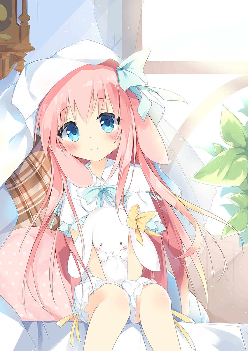 1girl animal_ears bloomers blue_eyes blush bow closed_mouth commentary_request day ears_down floppy_ears green_bow hair_bow highres indoors kushida_you leaning_forward long_hair original pillow pink_hair plaid polka_dot rabbit_ears ribbon-trimmed_sleeves ribbon_trim shirt short_sleeves sitting smile solo stuffed_animal stuffed_bunny stuffed_toy sunlight underwear v_arms very_long_hair white_bloomers white_shirt window yellow_bow