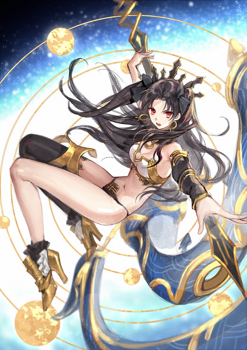 1girl black_hair black_legwear black_panties boots breasts cleavage commentary_request crown detached_sleeves fate/grand_order fate_(series) floating_hair heavenly_boat_maanna high_heel_boots high_heels highres holding ishtar_(fate/grand_order) kangetsu_(fhalei) long_hair long_sleeves medium_breasts navel open_mouth panties red_eyes single_thighhigh solo strapless thigh-highs tubetop two_side_up underwear