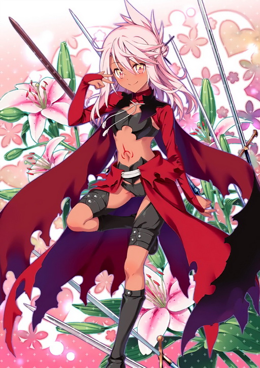 1girl bikini_top black_panties boots cape card_(medium) chloe_von_einzbern dark_skin fate/grand_order fate/kaleid_liner_prisma_illya fate_(series) flower folded_ponytail hair_bun hiroyama_hiroshi knee_boots long_hair navel official_art panties pink_eyes pink_hair servant_card_(fate/grand_order) smile solo standing standing_on_one_leg sword thigh_strap underwear waist_cape weapon