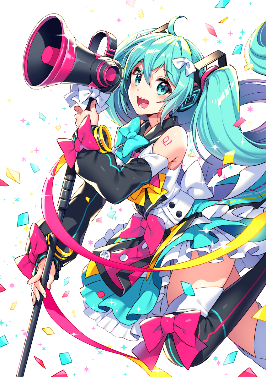 1girl aqua_eyes aqua_hair arm_warmers artist_name bangs bare_shoulders blush commentary confetti dress eyebrows_visible_through_hair fingernails hair_ornament hatsune_miku headphones highres leg_up long_hair looking_at_viewer magical_mirai_(vocaloid) megaphone nardack open_mouth pleated_skirt ribbon shiny shiny_hair short_dress simple_background skirt sleeveless smile solo sparkle tattoo thigh-highs twintails vocaloid white_background zettai_ryouiki