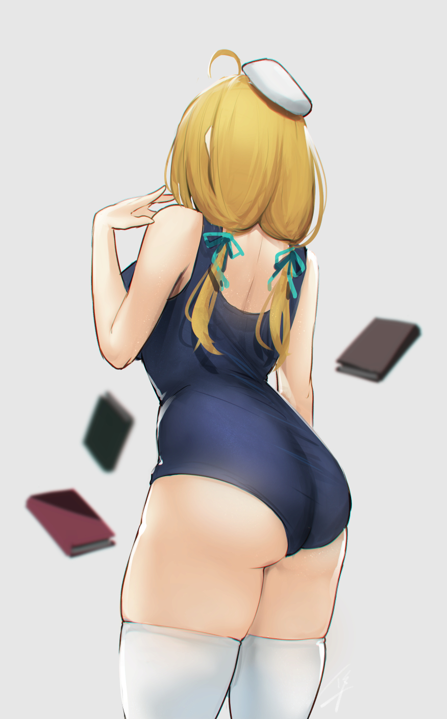 1girl ahoge aqua_ribbon arm_at_side ass bare_shoulders blonde_hair book breasts cowboy_shot curvy from_behind from_below grey_background hand_to_own_face hat hayabusa highres i-8_(kantai_collection) impossible_clothes kantai_collection large_breasts long_hair low_twintails one-piece_swimsuit peaked_cap ribbon sailor_hat school_swimsuit simple_background skindentation solo swimsuit thigh-highs thighs twintails white_legwear