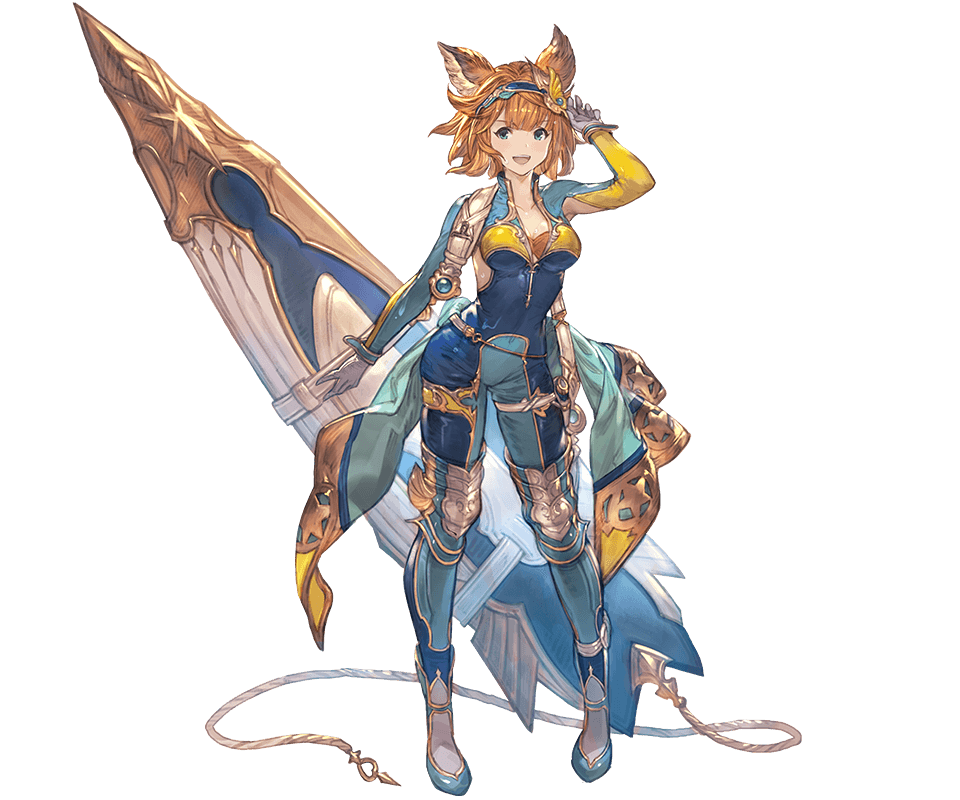 1girl animal_ears bangs blue_eyes breasts cailana erune full_body gold_trim granblue_fantasy minaba_hideo official_art solo surfboard swept_bangs transparent_background