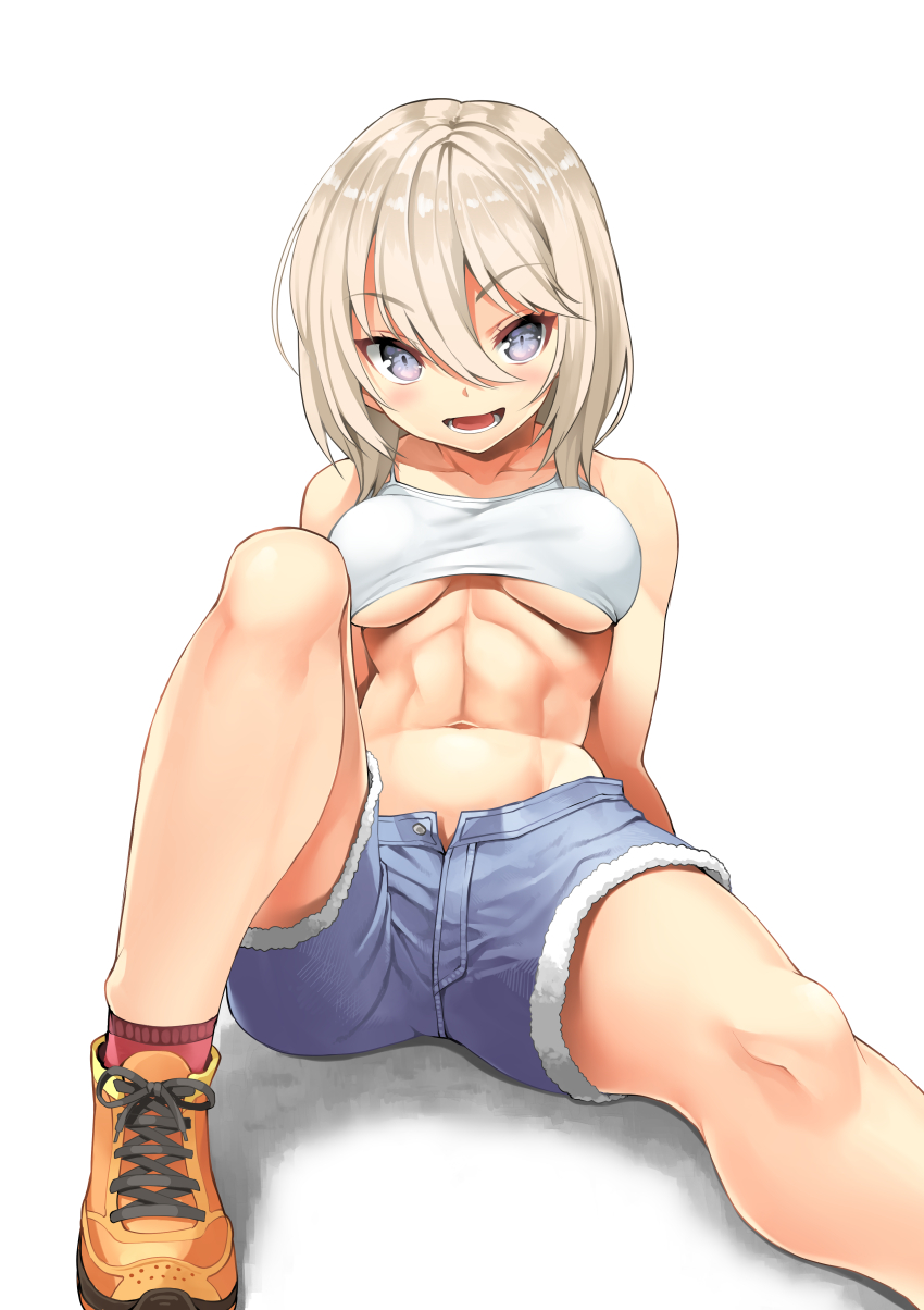 1girl abs bare_shoulders blue_eyes blush breasts camisole collarbone crop_top denim denim_shorts eyebrows_visible_through_hair hair_between_eyes highres jeans knee_up leaning_back looking_at_viewer medium_breasts midriff murata_taichi navel open_mouth original pants shoes short_shorts shorts sidelocks simple_background sitting sleeveless solo spread_legs toned unbuttoned under_boob white_hair