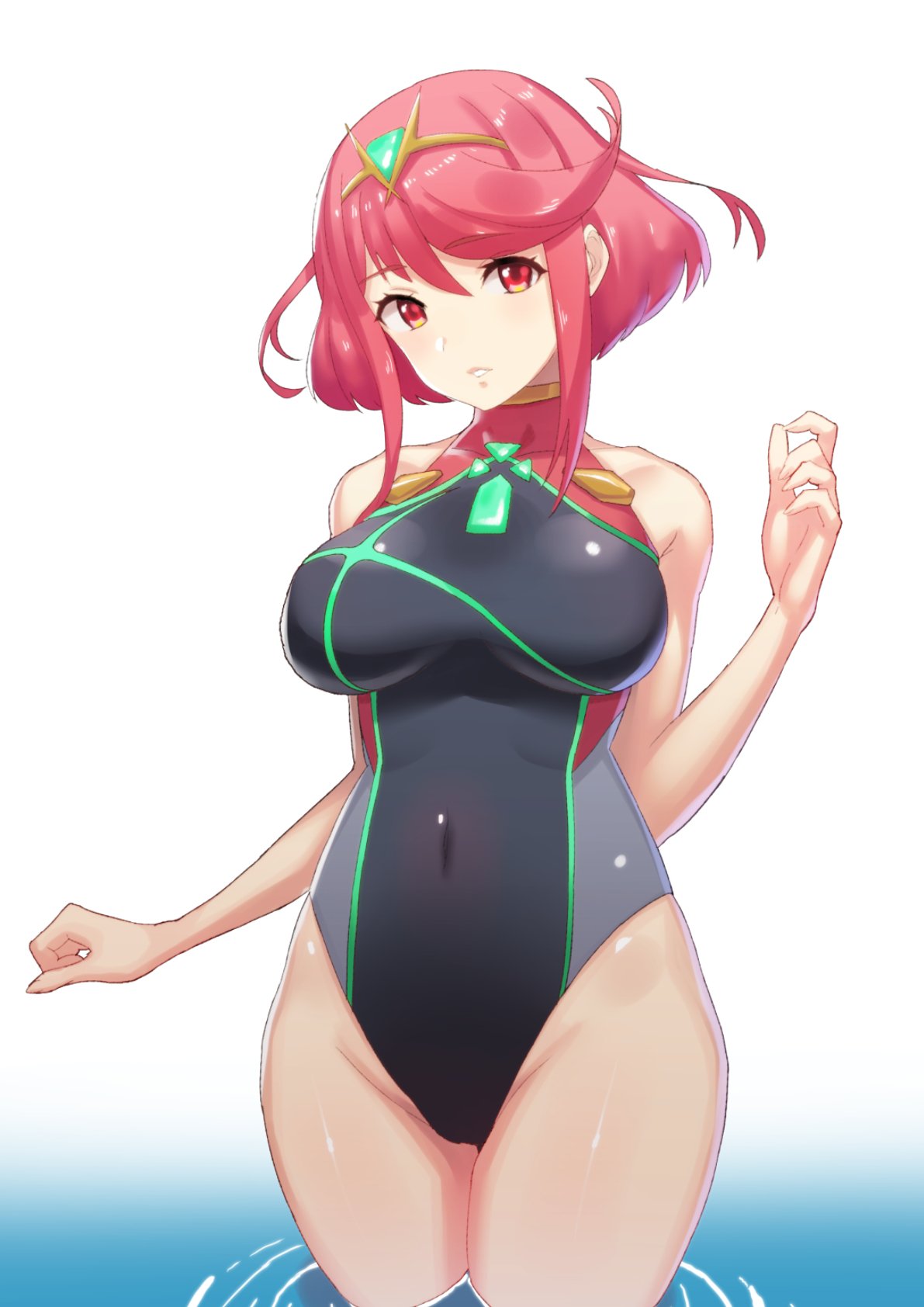 1girl blush breasts earrings green322 highres pyra_(xenoblade) jewelry large_breasts looking_at_viewer nintendo one-piece_swimsuit red_eyes redhead short_hair simple_background smile solo swimsuit tiara xenoblade_(series) xenoblade_2