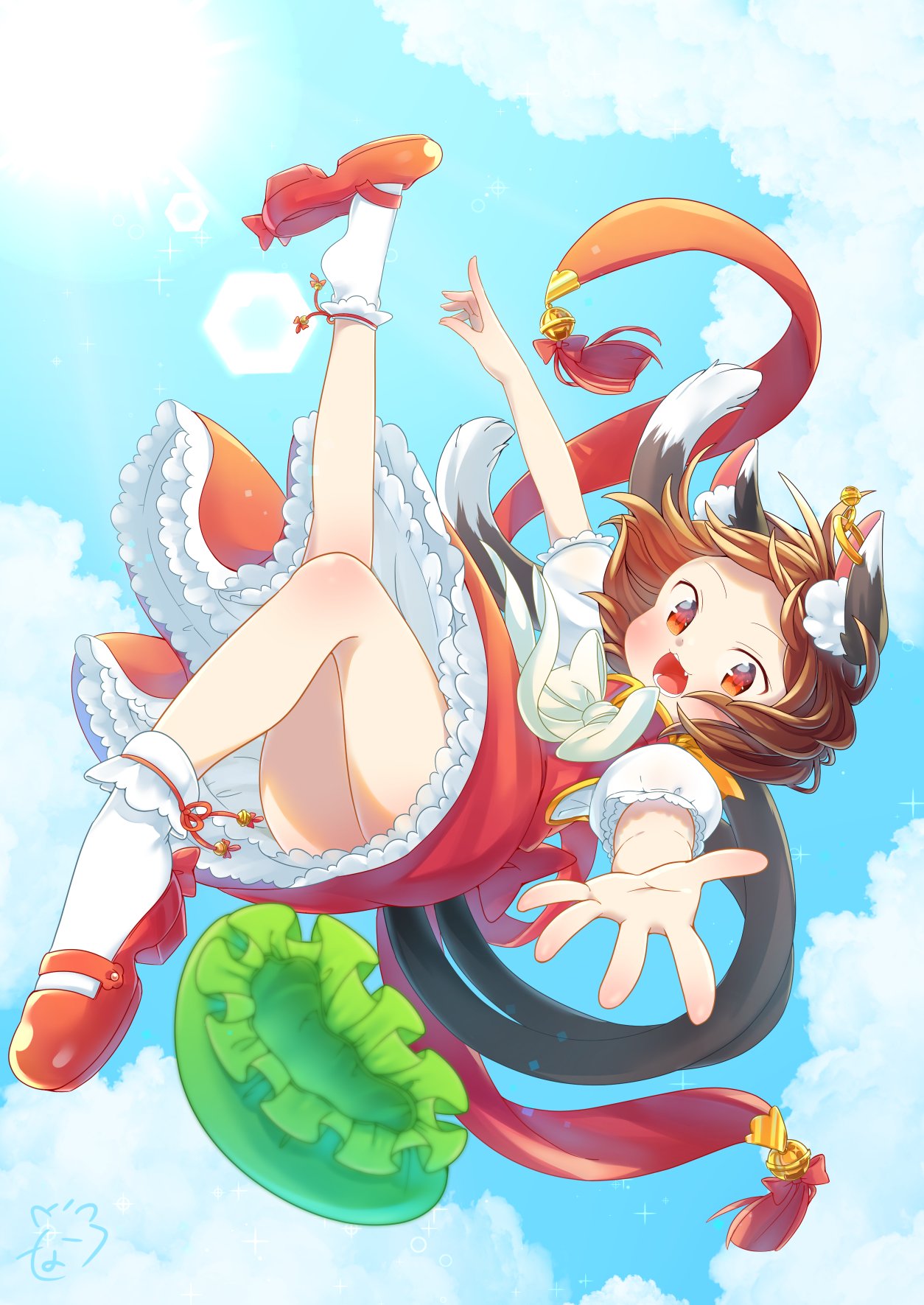 1girl :d animal_ears bow brown_hair cat_ears cat_tail chen clouds commentary_request dress fang floating frilled_dress frills full_body hat hat_removed headwear_removed highres ibaraki_natou jewelry mob_cap multiple_tails open_hand open_mouth orange_eyes puffy_short_sleeves puffy_sleeves shirt short_hair short_sleeves single_earring sky smile tail touhou two_tails