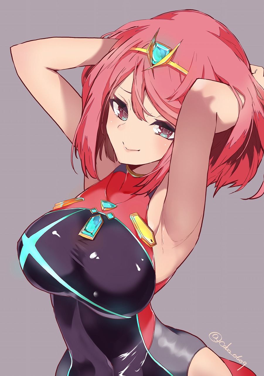 1girl armpits arms_behind_back arms_up bangs bare_arms blue_eyes breasts closed_mouth covered_collarbone hair_between_eyes hands_in_hair highres pyra_(xenoblade) kobo_(cobo_0609) large_breasts looking_at_viewer multicolored multicolored_eyes nintendo one-piece_swimsuit pink_hair purple_background short_hair smile solo swimsuit taut_clothes tiara turtleneck twitter_username violet_eyes xenoblade_(series) xenoblade_2
