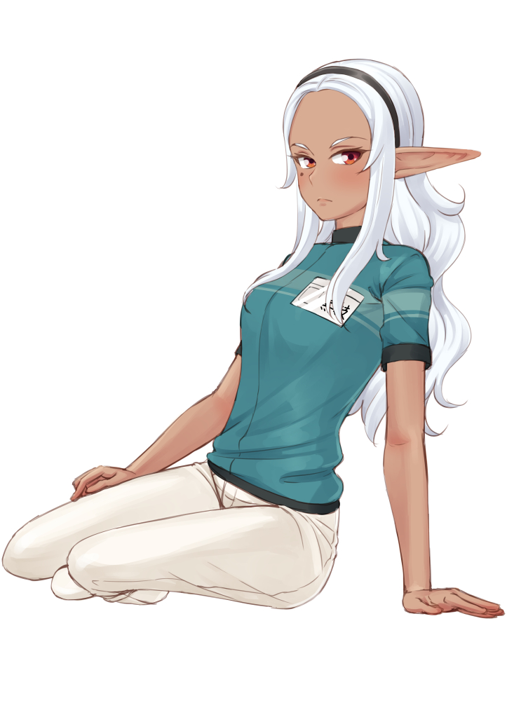 1girl aqua_shirt arm_support black_hairband blush breasts capri_pants dark_elf dark_skin easy_(aqk7bdqt) elf elf-san_wa_yaserarenai. expressionless from_side full_body hairband invisible_chair kuroeda-san long_hair looking_at_viewer medium_breasts mole mole_under_eye name_tag pants pointy_ears red_eyes shirt short_sleeves simple_background sitting solo uniform white_background white_hair yokozuwari