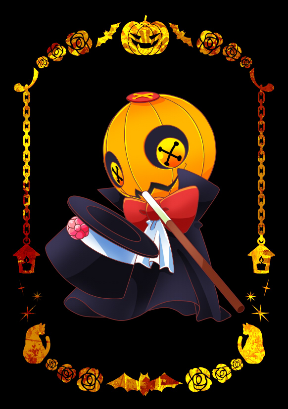 black_background border button_eyes candle cat chains dark_background flower food fruit hat hat_removed headwear_removed jack-o'-lantern kirby's_epic_yarn kirby_(series) kurosiro lantern magician nintendo no_humans orange orange_border pumpkin red_neckwear rose solo squashini top_hat wand