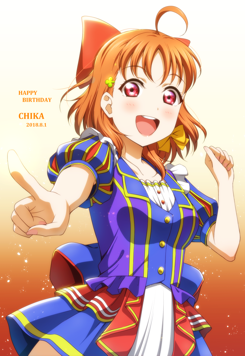 1girl ahoge anibache bangs birthday breasts character_name clover_hair_ornament commentary_request dated english hair_ornament hair_ribbon happy_birthday looking_at_viewer love_live! love_live!_sunshine!! medium_breasts orange_hair pointing red_eyes red_ribbon ribbon short_hair short_sleeves solo takami_chika yellow_ribbon