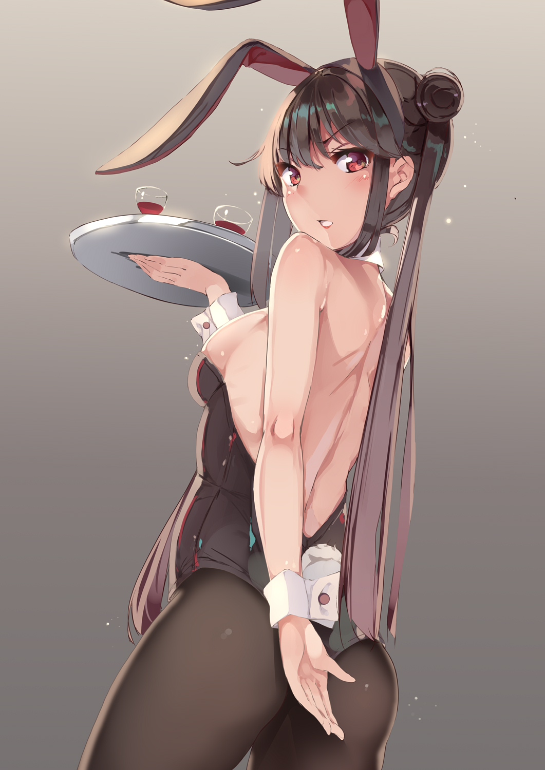 1girl alcohol animal_ears ass black_legwear black_leotard breasts bunny_girl bunny_tail bunnysuit commentary_request cowboy_shot cup detached_collar double_bun drinking_glass from_behind hair_bun highres leotard long_hair looking_at_viewer medium_breasts original pantyhose rabbit_ears sideboob solo standing strapless strapless_leotard tail tray wine wine_glass wrist_cuffs yumemi_(kiowa)