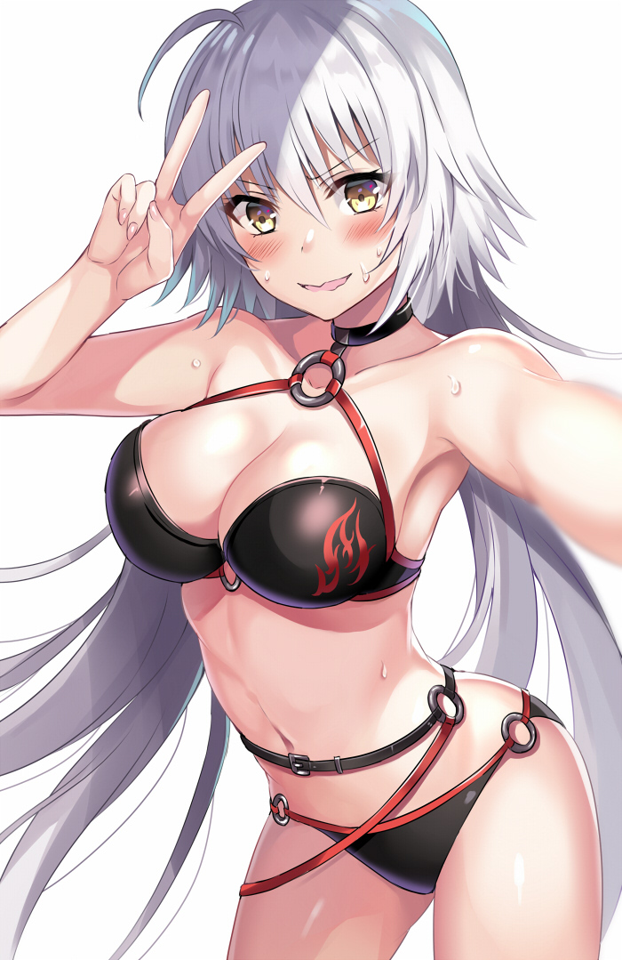 1girl ahoge arched_back bangs bikini black_bikini black_choker blush breasts choker cleavage collarbone commentary_request eyebrows_visible_through_hair fate/grand_order fate_(series) hair_between_eyes hand_up harimoji jeanne_d'arc_(alter_swimsuit_berserker) jeanne_d'arc_(fate)_(all) long_hair looking_at_viewer medium_breasts o-ring o-ring_bikini o-ring_bottom o-ring_top outstretched_arm silver_hair simple_background solo standing swimsuit v very_long_hair waist white_background yellow_eyes