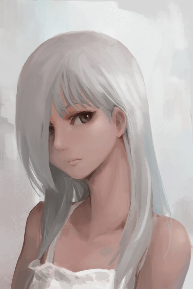 1girl bangs bare_shoulders closed_mouth commentary dress english_commentary grey_background grey_eyes grey_hair hair_over_one_eye looking_at_viewer oopartz_yang original solo upper_body white_dress