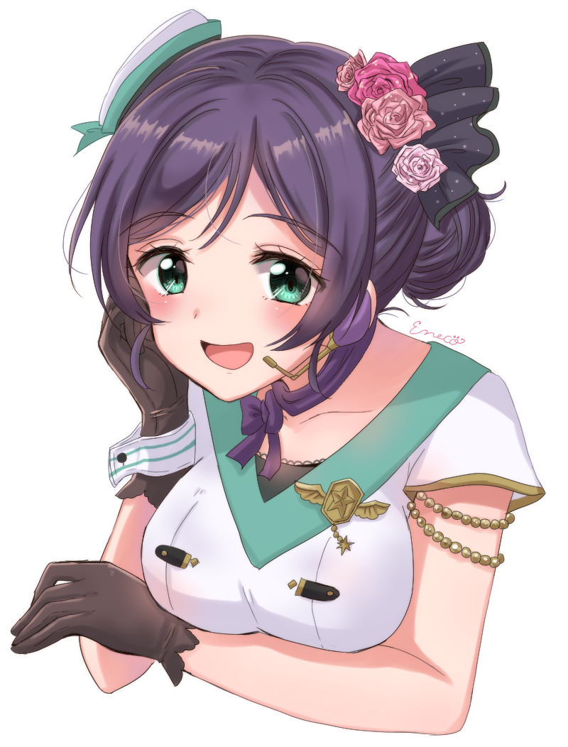 1girl :d aqua_eyes armlet artist_name black_gloves blush breast_hold breasts commentary_request cropped_torso eneco flower gloves hair_bun hair_flower hair_ornament hair_up hat headset looking_at_viewer love_live! love_live!_school_idol_project medium_breasts open_mouth pink_flower purple_hair simple_background smile solo toujou_nozomi upper_body white_background wrist_cuffs