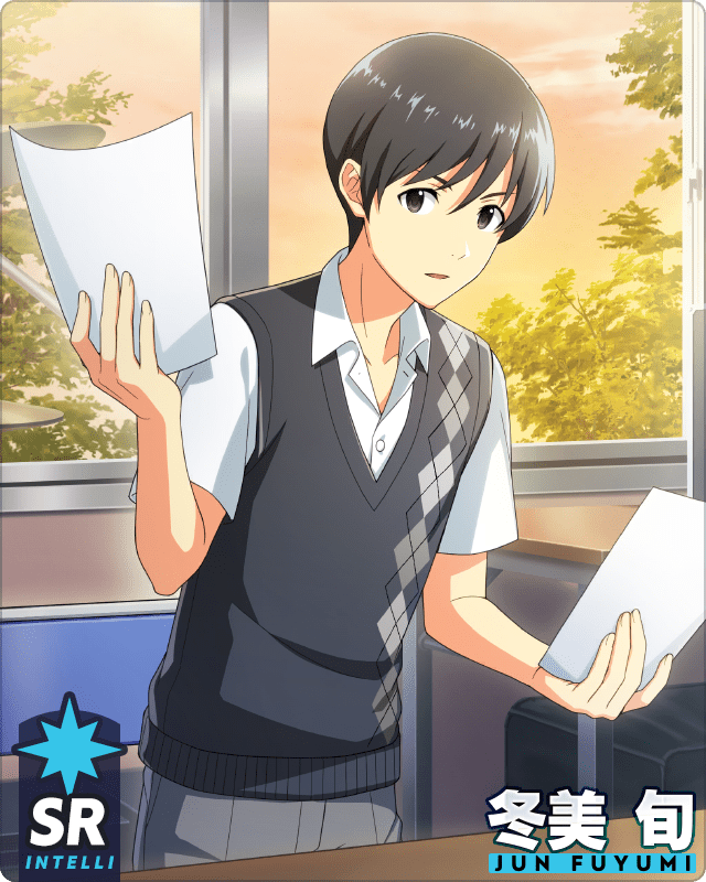1boy bangs black_eyes black_hair black_vest buttons card_(medium) character_name collared_shirt evening fingernails fuyumi_jun holding holding_paper idolmaster idolmaster_side-m idolmaster_side-m_growing_stars looking_at_viewer official_art paper parted_lips school_uniform shirt short_hair short_sleeves sky solo third-party_source upper_body vest