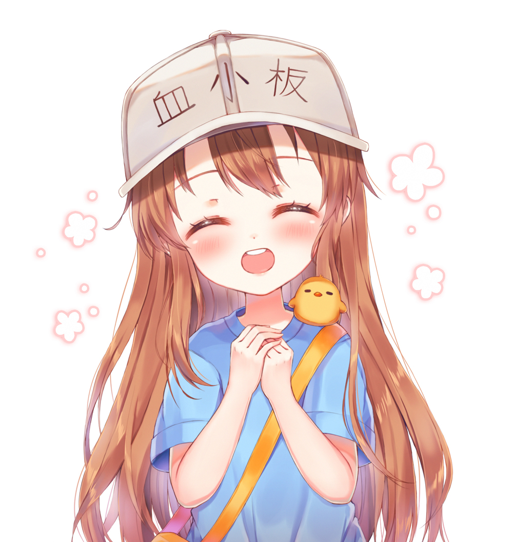 1girl :d ^_^ bag bangs blue_shirt blush brown_hair character_name closed_eyes closed_eyes clothes_writing eyebrows_visible_through_hair facing_viewer fingernails flat_cap foreign_blue grey_hat hands_up hat hataraku_saibou long_hair open_mouth own_hands_together platelet_(hataraku_saibou) round_teeth shirt short_sleeves shoulder_bag simple_background smile solo teeth upper_body upper_teeth very_long_hair white_background