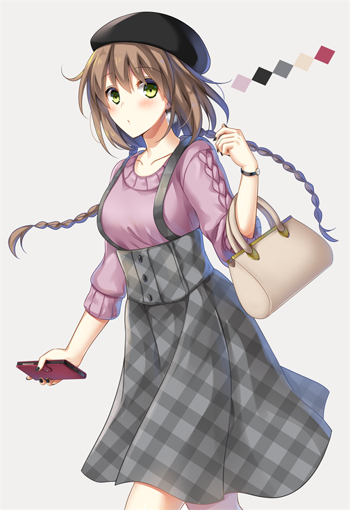 1girl :/ bag bangs beret black_hat black_nails black_skirt blush braid breasts brown_hair casual cellphone checkered checkered_skirt closed_mouth collarbone color_guide commentary_request earrings eyebrows_visible_through_hair feet_out_of_frame green_eyes grey_background hand_up handbag hat hayakawa_(hayakawa_illust) high-waist_skirt holding holding_phone jewelry long_hair looking_at_viewer medium_breasts nail_polish original partial_commentary phone pom_pom_earrings purple_sweater ribbed_sweater simple_background skirt smartphone solo suspender_skirt suspenders sweater twin_braids walking watch watch