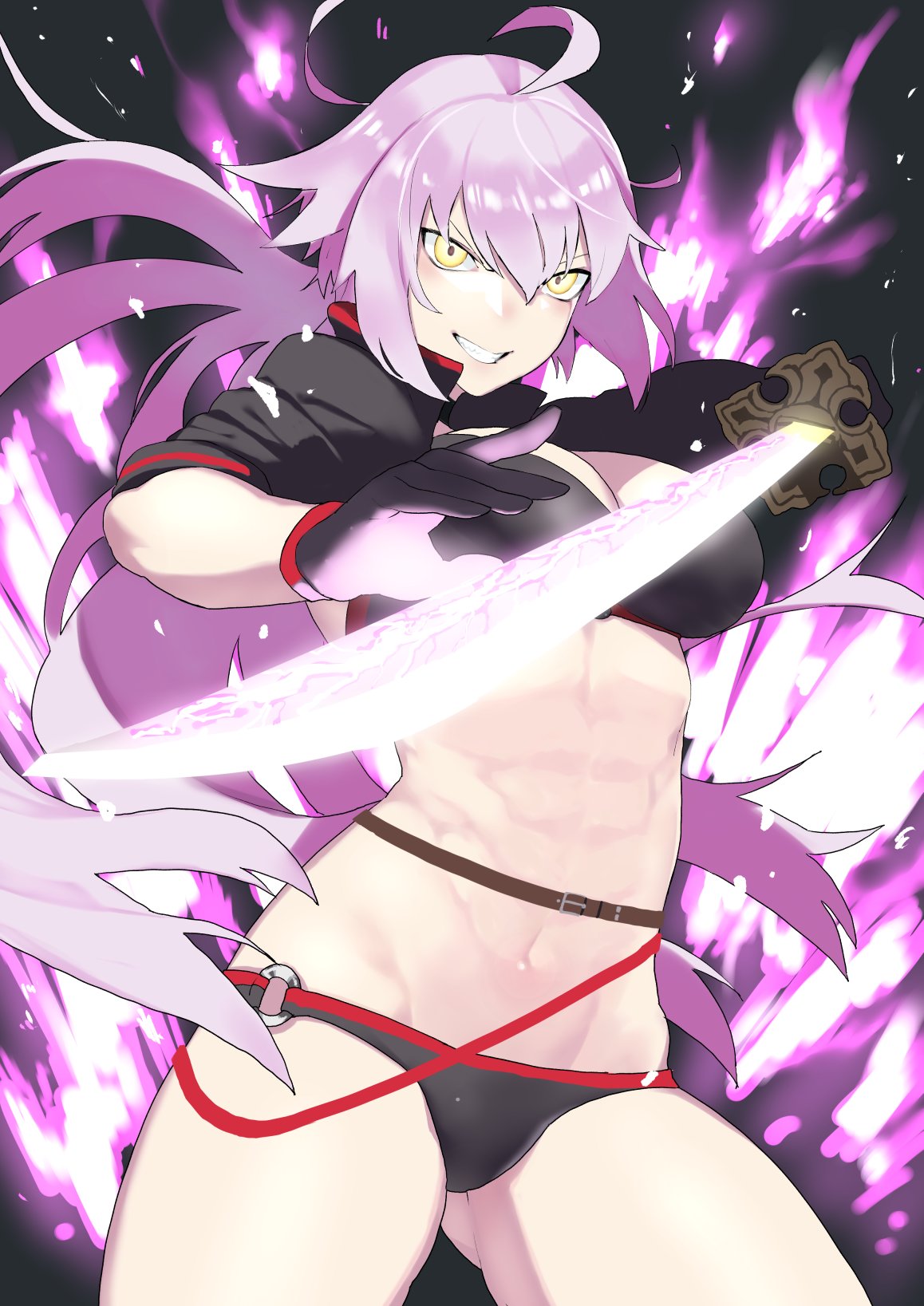 1girl ahoge bangs bikini black_bikini black_choker black_gloves black_jacket breasts choker cleavage commentary_request cropped_jacket eyebrows_visible_through_hair fate/grand_order fate_(series) gloves hair_between_eyes highres holding holding_sword holding_weapon jacket jeanne_d'arc_(alter_swimsuit_berserker) jeanne_d'arc_(fate)_(all) katana large_breasts long_hair navel o-ring o-ring_bikini o-ring_bottom o-ring_top open_mouth shrug_(clothing) silver_hair smile solo swimsuit sword two-cat-walk waist weapon yellow_eyes