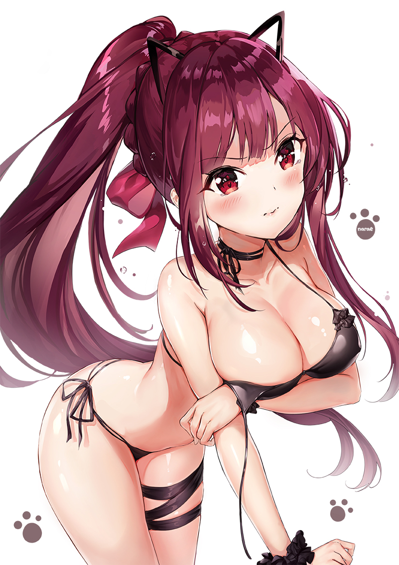 1girl alternate_costume alternate_hairstyle animal_ears artist_name ass bangs bikini black_bikini black_ribbon blush braid breasts cat_ears cleavage closed_mouth collarbone commentary covered_nipples cowboy_shot crown_braid embarrassed eyebrows_visible_through_hair fake_animal_ears floating_hair from_above girls_frontline hair_ribbon hairband halterneck large_breasts leaning_forward long_hair looking_at_viewer narae neck_ribbon paw_print ponytail purple_hair red_eyes red_ribbon ribbon scrunchie shiny shiny_skin side-tie_bikini sidelocks simple_background skindentation solo stomach strap_slip swimsuit tearing_up thigh_strap thighs tsurime untied_bikini_top very_long_hair wa2000_(girls_frontline) wardrobe_malfunction white_background wrist_scrunchie