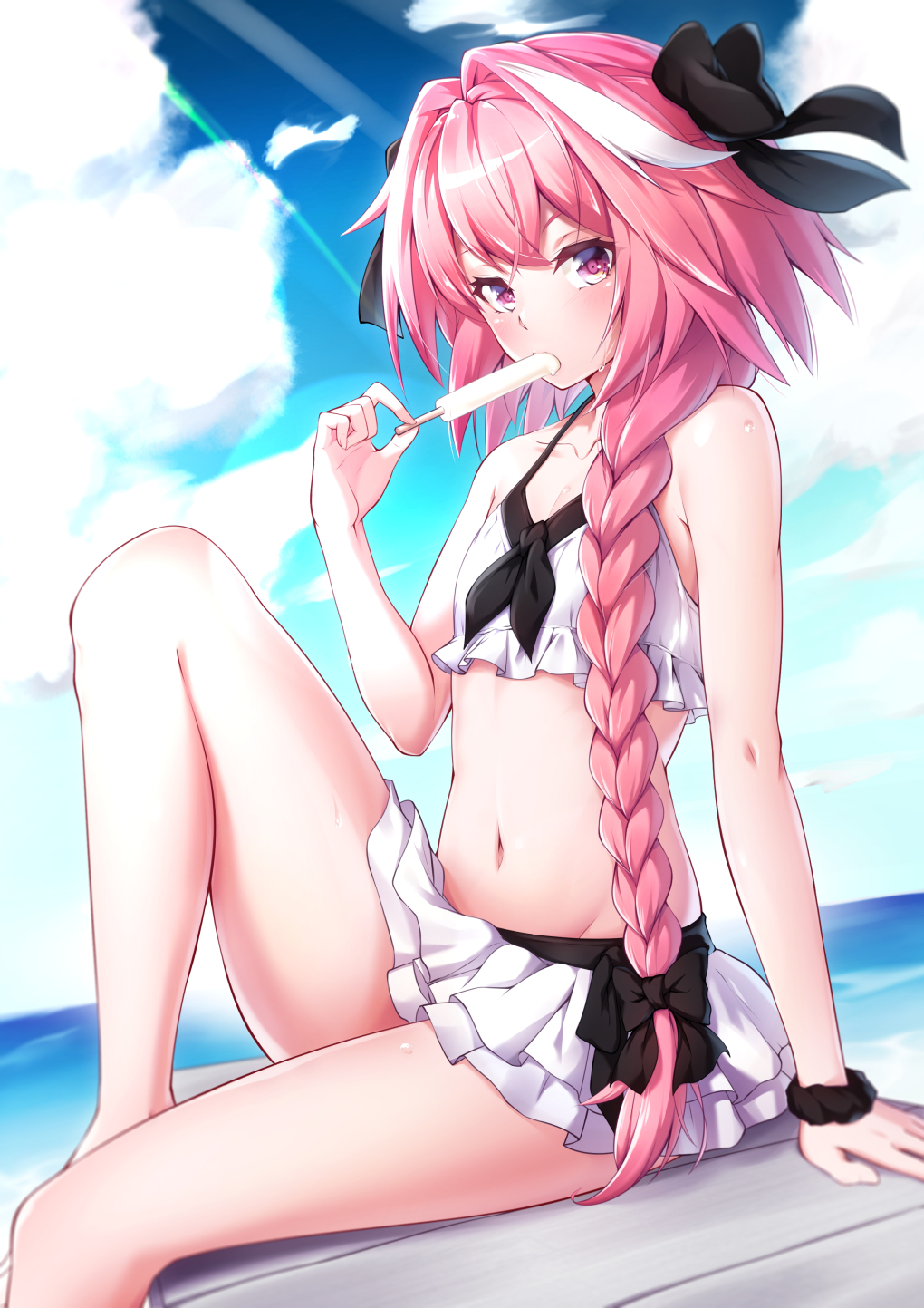 1boy astolfo_(fate) bangs bare_arms bare_legs bare_shoulders bikini bikini_skirt black_bow black_ribbon black_scrunchie blue_sky blush bow braid clouds collarbone commentary day eyebrows_visible_through_hair fate/grand_order fate_(series) food food_in_mouth groin hair_between_eyes hair_bow hair_intakes hair_over_shoulder hair_ribbon highres horizon knee_up layered_skirt long_hair looking_at_viewer male_focus multicolored_hair navel ocean otoko_no_ko outdoors pink_hair popsicle ribbon scrunchie shiny shiny_hair sideways_glance single_braid sitting skirt sky solo stomach streaked_hair sunlight swimsuit takatun223 trap very_long_hair violet_eyes white_bikini white_skirt wind wrist_scrunchie