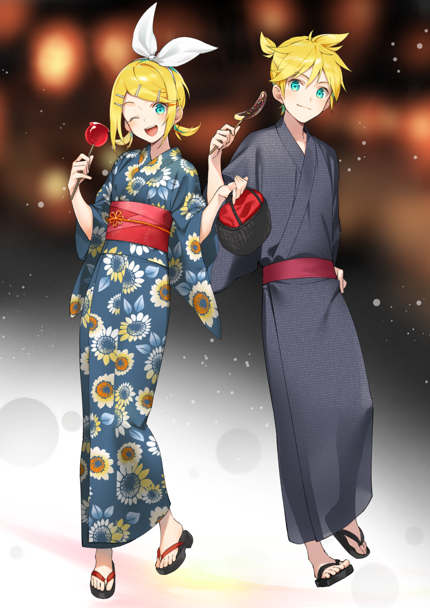 1boy 1girl aqua_eyes banana bangs basket blonde_hair blush brother_and_sister candy_apple chocolate_banana closed_mouth eyebrows_visible_through_hair floral_print food fruit hair_ornament hair_ribbon hairclip hand_on_hip holding holding_food japanese_clothes kagamine_len kagamine_rin kimono looking_at_viewer one_eye_closed open_mouth ribbon sandals sash short_hair short_ponytail short_twintails siblings smile standing tokki twins twintails vocaloid wide_sleeves yukata