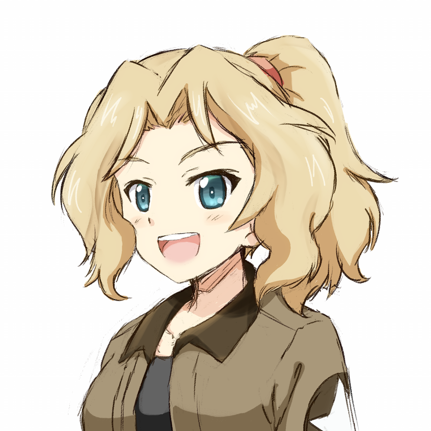 1girl :d black_shirt blonde_hair blue_eyes brown_jacket collarbone girls_und_panzer hair_ornament jacket kay_(girls_und_panzer) ma-2_(konkon_kitakitsune) military military_uniform open_clothes open_jacket open_mouth ponytail saunders_military_uniform shirt sketch smile solo uniform