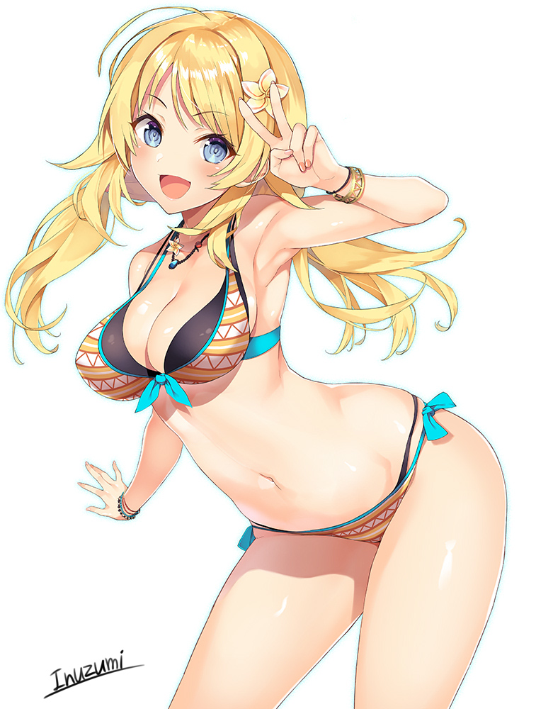 1girl ahoge armpits artist_name bangs bare_shoulders bikini black_bikini blonde_hair blue_eyes blush breasts cleavage collarbone commentary_request cowboy_shot eyebrows_visible_through_hair groin hachimiya_meguru hair_between_eyes hair_ornament hairclip idolmaster idolmaster_shiny_colors inuzumi_masaki large_breasts layered_bikini leaning_forward long_hair looking_at_viewer low_twintails midriff navel open_mouth shiny shiny_skin side-tie_bikini simple_background solo stomach swimsuit thighs twintails twitter_username v white_background