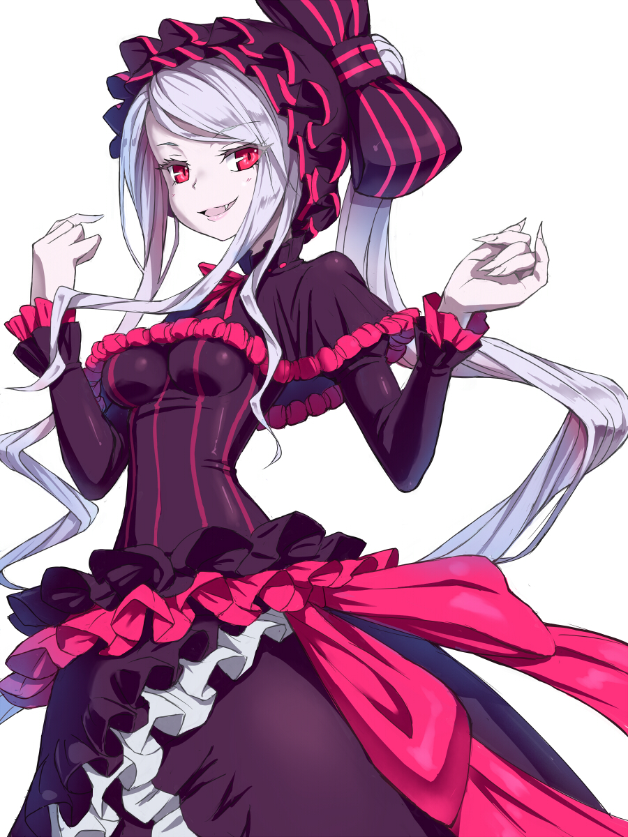 1girl :d bangs blush bow breasts capelet commentary_request dress eyebrows_visible_through_hair fang fingernails frilled_dress frills gothic_lolita hair_bow hands_up highres kimagure_blue lolita_fashion long_hair long_sleeves looking_at_viewer medium_breasts open_mouth overlord_(maruyama) pale_skin ponytail purple_bow purple_capelet purple_dress red_eyes revision shalltear_bloodfallen sharp_fingernails silver_hair simple_background smile solo striped striped_bow swept_bangs very_long_hair white_background