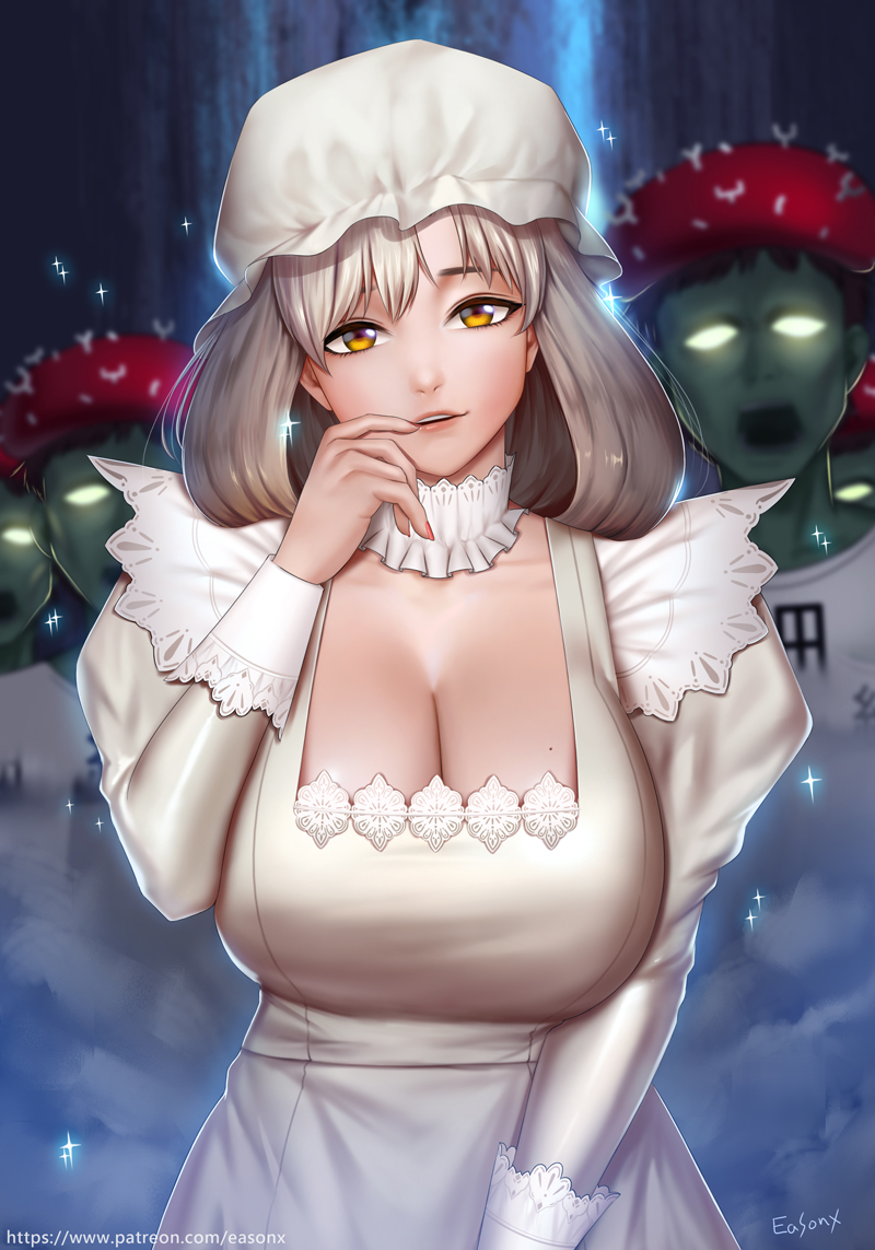 1girl artist_name bangs breasts choker cleavage dress easonx finger_to_mouth hat hataraku_saibou head_tilt lace_trim large_breasts long_hair long_sleeves looking_at_viewer macrophage_(hataraku_saibou) mob_cap mole mole_on_breast parted_lips puffy_long_sleeves puffy_sleeves silver_hair solo_focus white_choker white_dress white_hat yellow_eyes