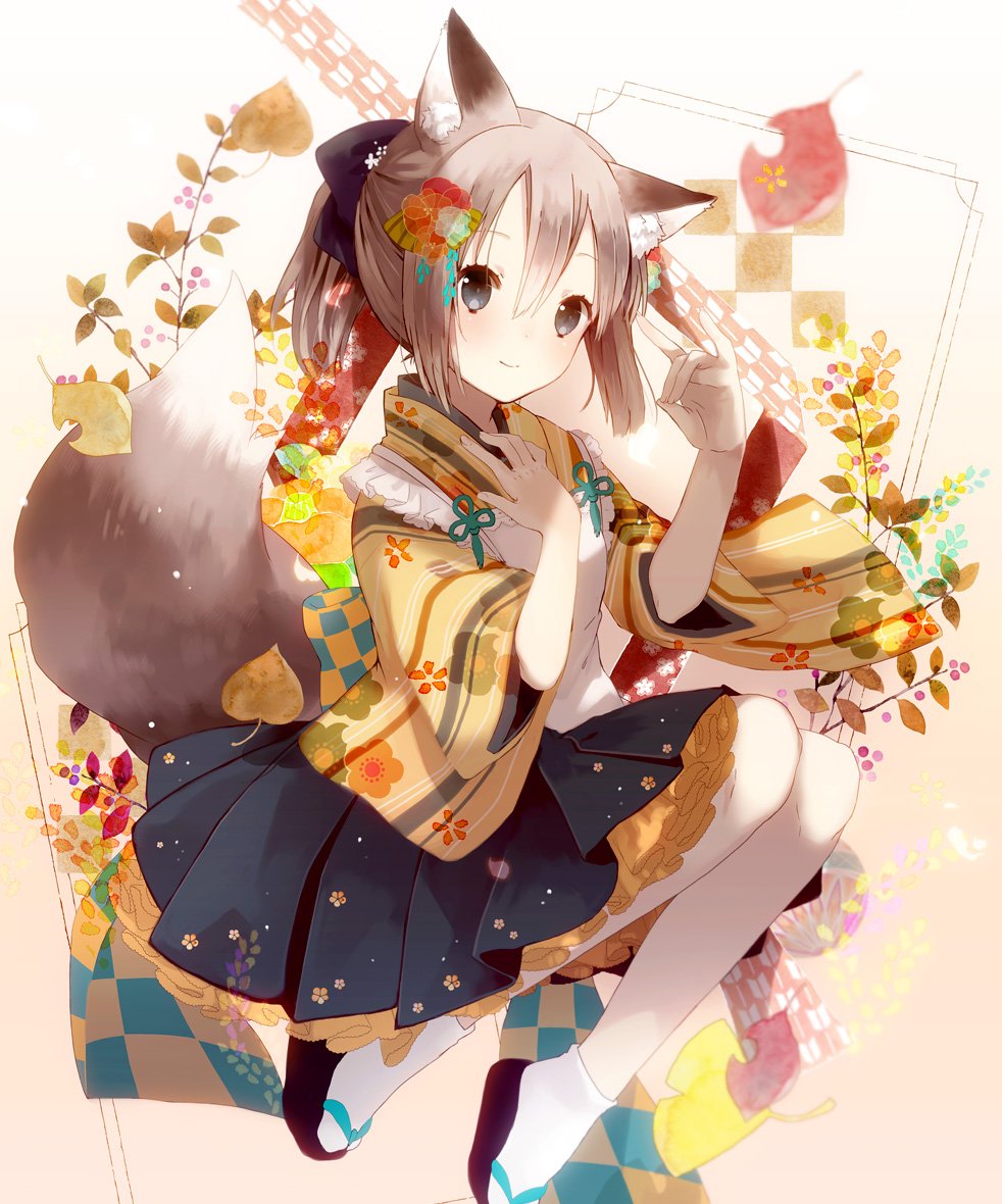 1girl animal_ears apron bangs bow brown_hair clog_sandals commentary floral_background floral_print flower fox_ears fox_shadow_puppet fox_tail frills grey_eyes hair_between_eyes hair_bow hair_flower hair_ornament hand_on_own_chest japanese_clothes kimono light_smile lolita_fashion original ponytail short_hair skirt solo tabi tail wa_lolita wide_sleeves yellow_kimono yuzuyomogi