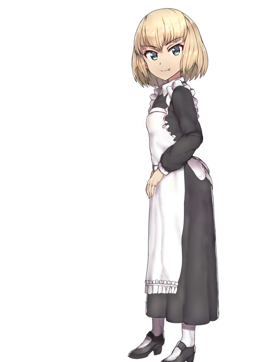 1girl alternate_costume apron bangs black_footwear black_shirt black_skirt blonde_hair blue_eyes blunt_bangs enmaided eyebrows_visible_through_hair fang_out from_side full_body girls_und_panzer highres katyusha long_skirt looking_at_viewer maid mary_janes shirt shoes short_hair sikijou77o simple_background skirt smile solo standing white_apron white_background white_legwear