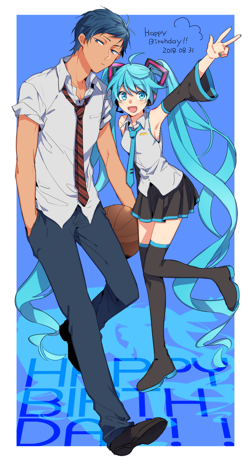 1boy 1girl 2018 :d ahoge aomine_daiki basketball black_eyes black_hair black_legwear black_skirt blue_background blue_eyes blue_hair blue_neckwear boots commentary_request crossover dated detached_sleeves full_body hand_in_pocket happy_birthday hatsune_miku headset highres kuroko_no_basuke long_hair necktie open_mouth pleated_skirt red_neckwear shirt short_hair short_sleeves skirt smile standing standing_on_one_leg striped_neckwear thigh-highs thigh_boots tooru_(jux) trait_connection twintails v very_long_hair vocaloid white_shirt zettai_ryouiki