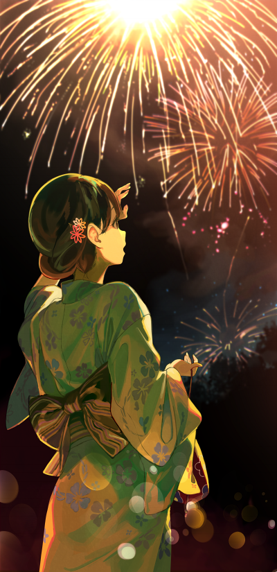 1girl brown_eyes brown_hair commentary_request fireworks floral_print from_behind green_kimono hair_ornament holding japanese_clothes kimono kinchaku long_sleeves looking_up night night_sky obi open_mouth original pouch sasamori_tomoe sash sky solo summer_festival wide_sleeves