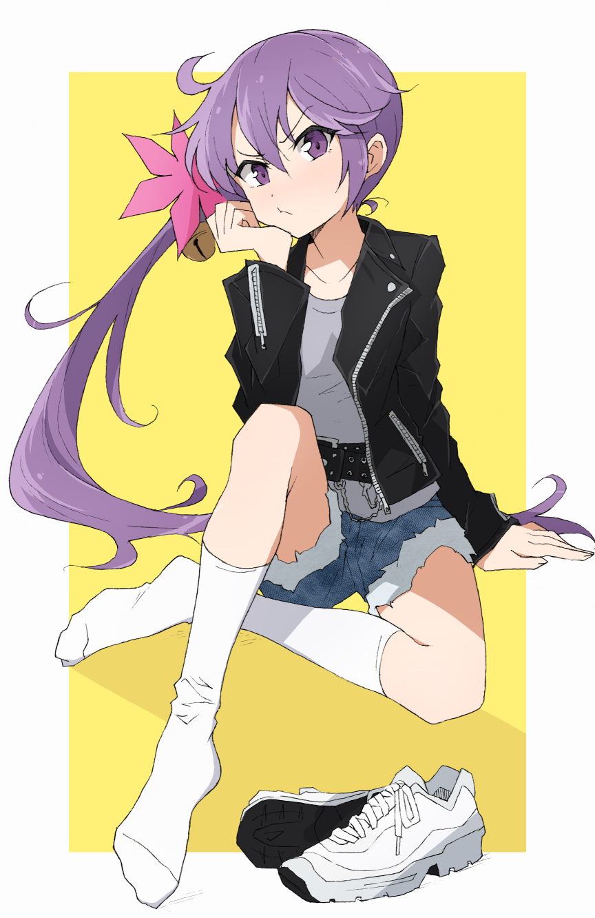 1girl akebono_(kantai_collection) alternate_costume bell black_jacket blue_shorts collarbone cutoffs eyebrows_visible_through_hair full_body grey_shirt hair_bell hair_ornament highres jacket jingle_bell kantai_collection long_hair long_sleeves looking_at_viewer nel-c open_clothes open_jacket purple_hair shirt shoes shorts side_ponytail sitting sneakers socks solo v-shaped_eyebrows very_long_hair violet_eyes white_footwear white_legwear zipper zipper_pull_tab