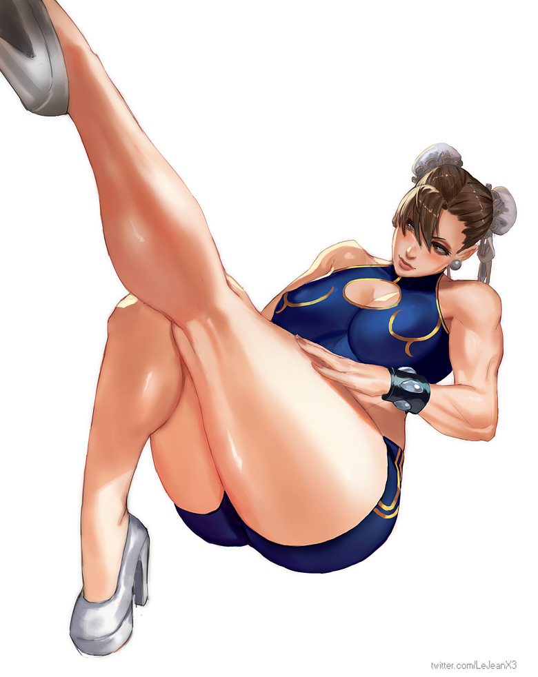 alternate_costume bangs bare_shoulders blue_shorts bracelet breasts brown_eyes brown_hair bun_cover capcom chun-li cleavage cleavage_cutout closed_mouth crop_top double_bun earrings high_heels jewelry large_breasts legs legs_up muscle red_lips rejean_dubois shirt shorts sitting sleeveless sleeveless_shirt spiked_bracelet spikes street_fighter thick_thighs thighs white_footwear