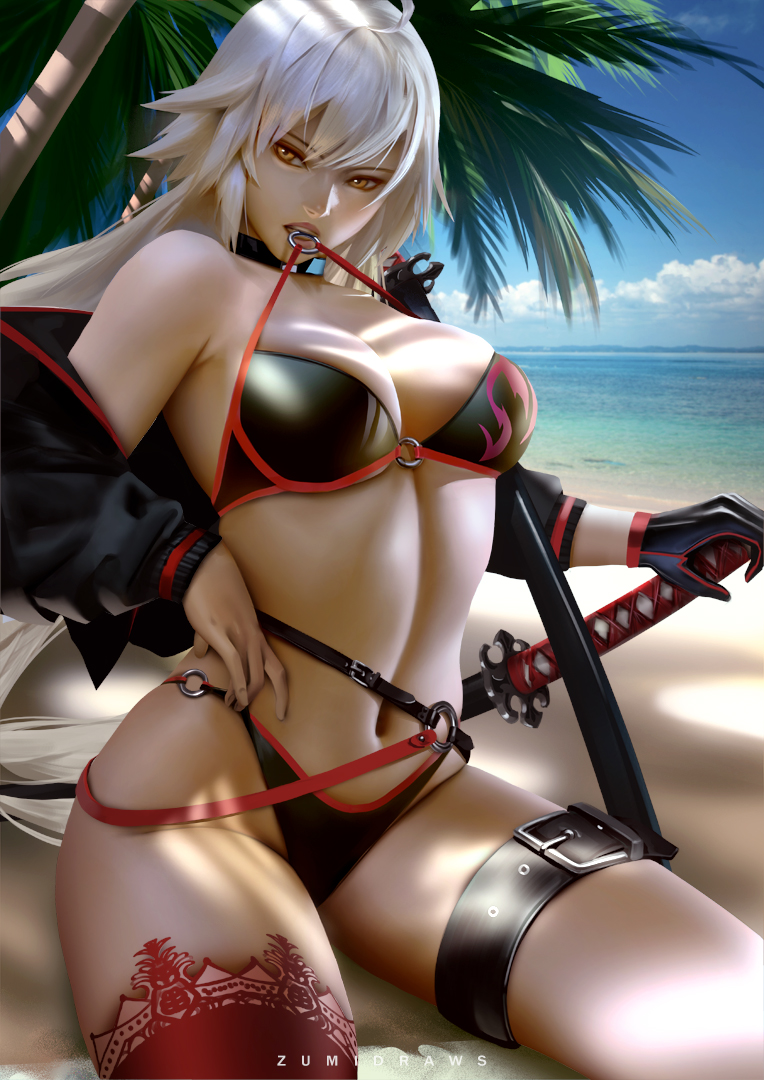 1girl ahoge arched_back asymmetrical_legwear banned_artist bare_shoulders beach belt bikini choker clouds fate/grand_order fate_(series) gloves jacket jeanne_d'arc_(alter)_(fate) jeanne_d'arc_(fate) jeanne_d'arc_(fate)_(all) katana lips long_hair looking_to_the_side mouth_hold navel o-ring o-ring_bottom o-ring_top ocean orange_eyes palm_tree sand sheath sheathed single_glove single_thighhigh sitting sky solo strap swimsuit sword teeth thigh-highs thigh_strap tree water weapon white_hair zumi_(zumidraws)