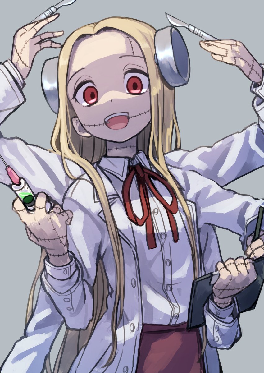 1girl bangs blonde_hair bolt clipboard commentary_request extra_arms franken_fran gazacy_(dai) glasgow_smile grey_background highres holding holding_clipboard holding_pencil holding_syringe labcoat long_hair long_sleeves looking_at_viewer madaraki_fran neck_scar open_mouth parted_bangs pencil red_eyes red_neckwear red_ribbon ribbon scalpel scar smile solo stitches syringe upper_body very_long_hair