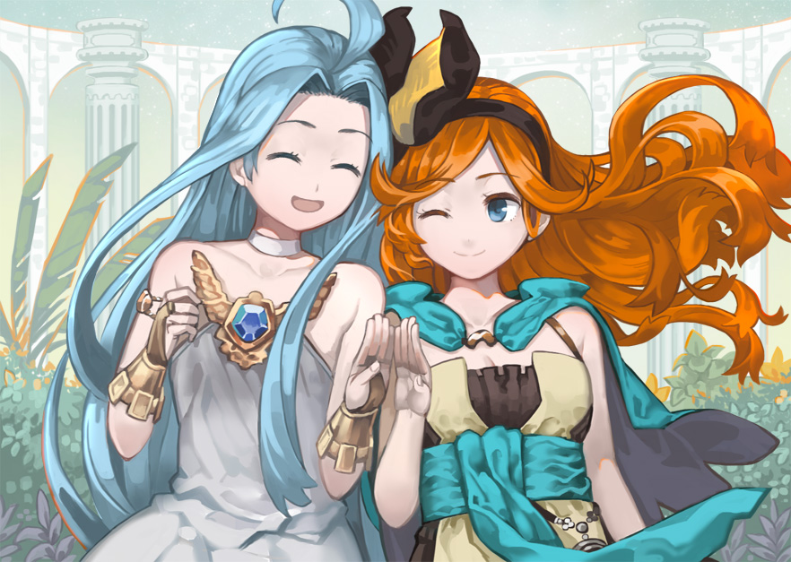 2girls :d ahoge bare_shoulders blue_cape blue_eyes blue_hair breasts bridal_gauntlets cape character_request cleavage closed_mouth commentary_request dress eyebrows_visible_through_hair floating_hair granblue_fantasy hairband hands_up lyria_(granblue_fantasy) multiple_girls nagi_itsuki one_eye_closed open_mouth orange_hair sara_(granblue_fantasy) smile white_dress