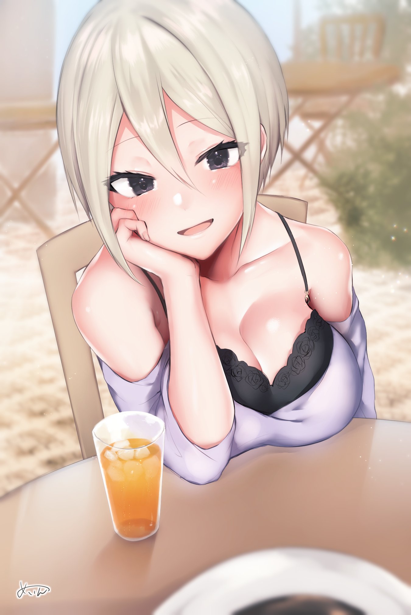 1girl arm_at_side bangs bare_shoulders black_eyes blonde_hair blurry blush breast_rest breasts casual chair commentary_request cup depth_of_field drinking_glass drinking_straw earrings elbow_rest eyebrows_visible_through_hair floral_print glass hair_between_eyes head_tilt highres idolmaster idolmaster_cinderella_girls idolmaster_cinderella_girls_starlight_stage jewelry juice looking_at_viewer medium_breasts off-shoulder_shirt open_mouth orange_juice parted_bangs parted_lips rose_print sakiryo_kanna shiny shiny_skin shiomi_shuuko shirt short_hair signature sitting table white_shirt